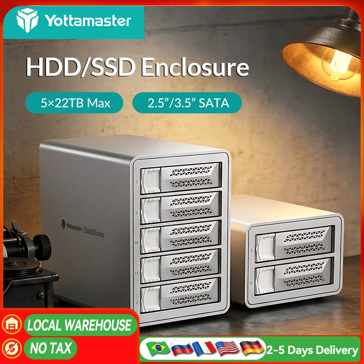 【Magazzino BR/US/DE!】Yottamaster Docking Station per HDD/SSD SATA da 2,5/3,5 pollici con alimentazione da 150W, 2/4/5 Bay RAID USB 3.0, 5Gbps e ventola di raffreddamento