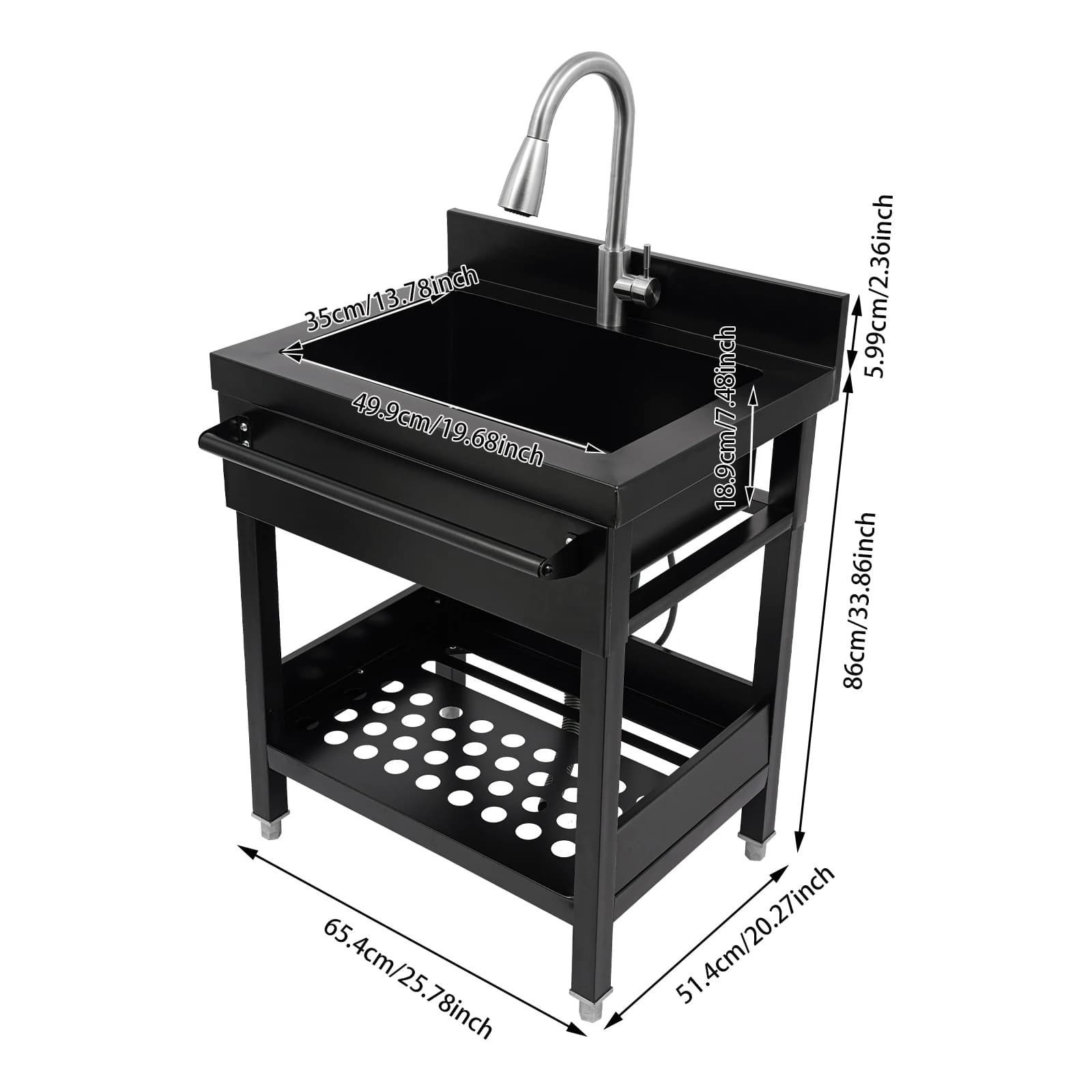 Lavello da cucina in acciaio inossidabile 201 da pavimento Lavello da cucina a vasca singola con rubinetto Scaffale portasciugamani 65.5*51.5*86 cm