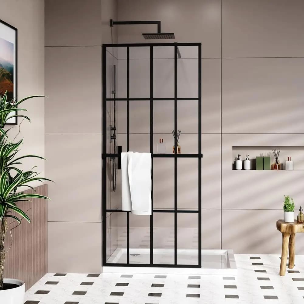 Porta doccia in vetro temperato 34" x 72" con barra porta attrezzi e portasciugamani o per bagno walk-in, design a 16 griglie, nero opaco