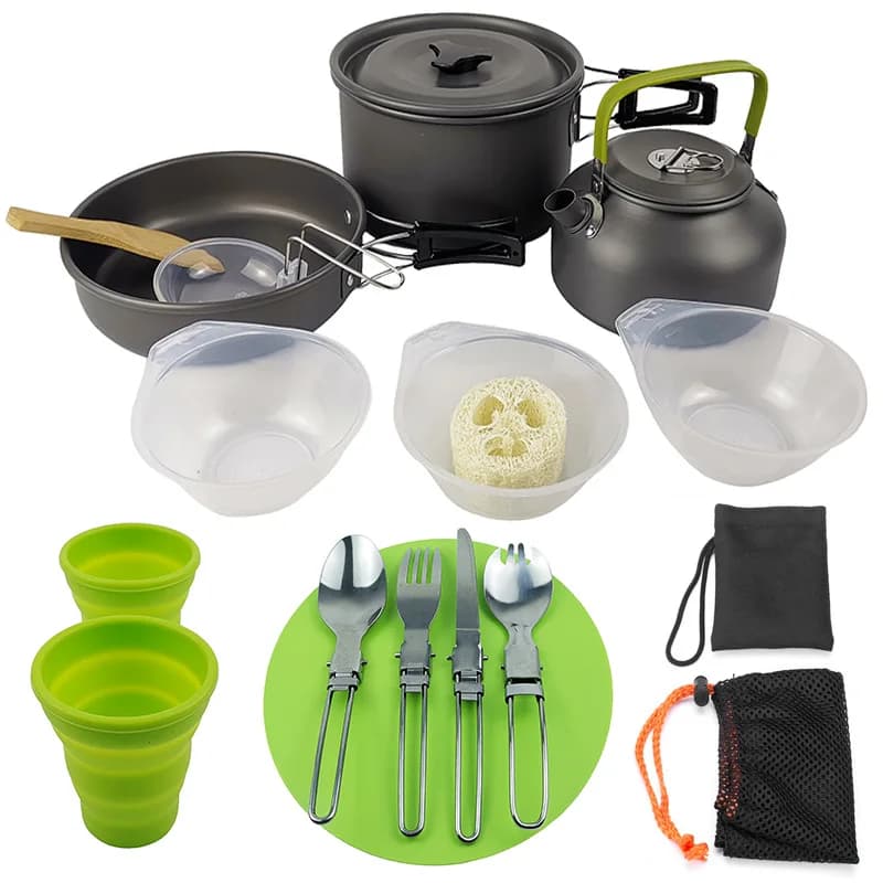 Set pentola e teiera da campeggio, stoviglie pieghevoli portatili, tagliere e set di utensili da cucina per picnic all'aperto per 2-3 persone, L278