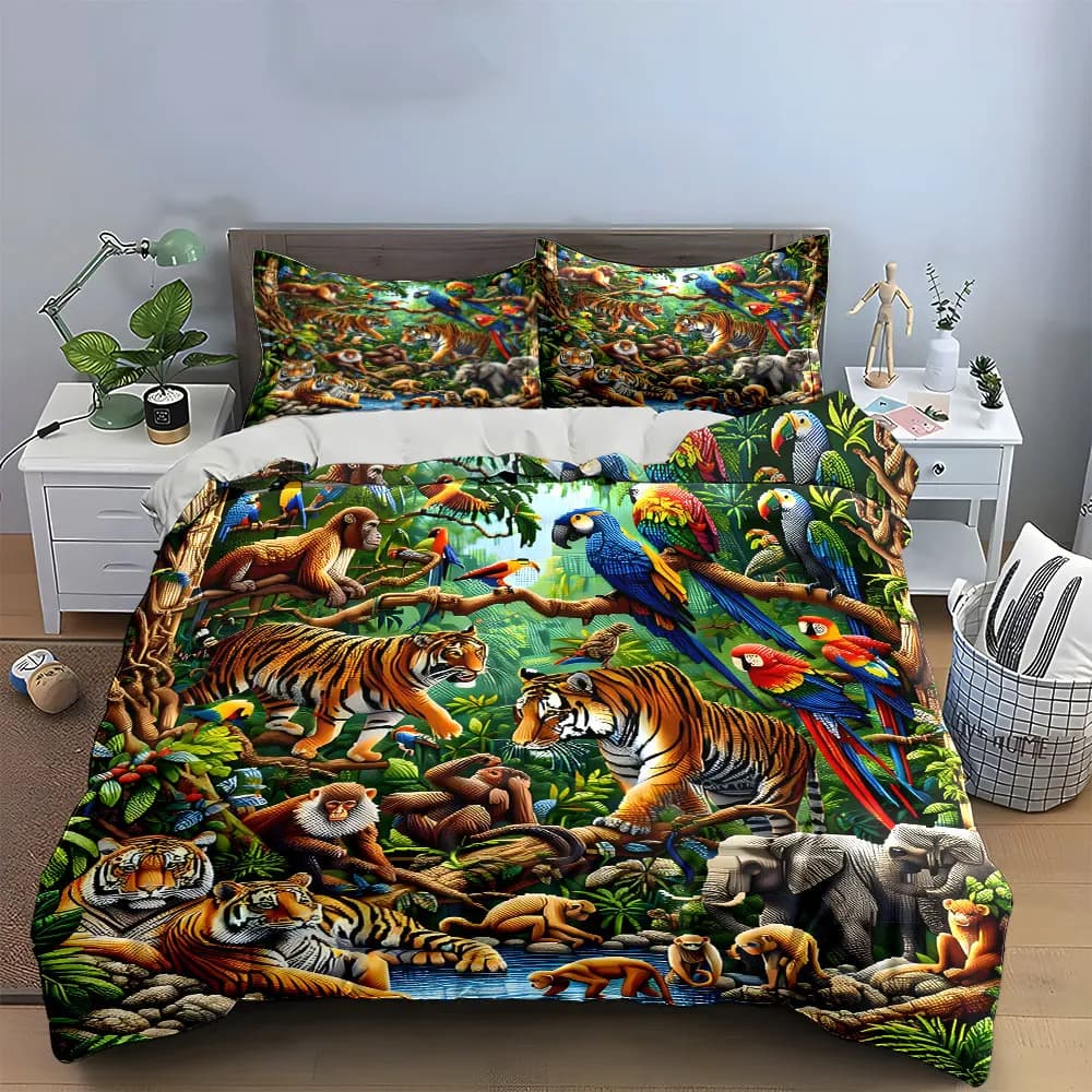 Set di lenzuola decorative con animali della giungla, morbido e confortevole set di biancheria da letto con copripiumino, include 1 copripiumino e 2 federe, idea regalo