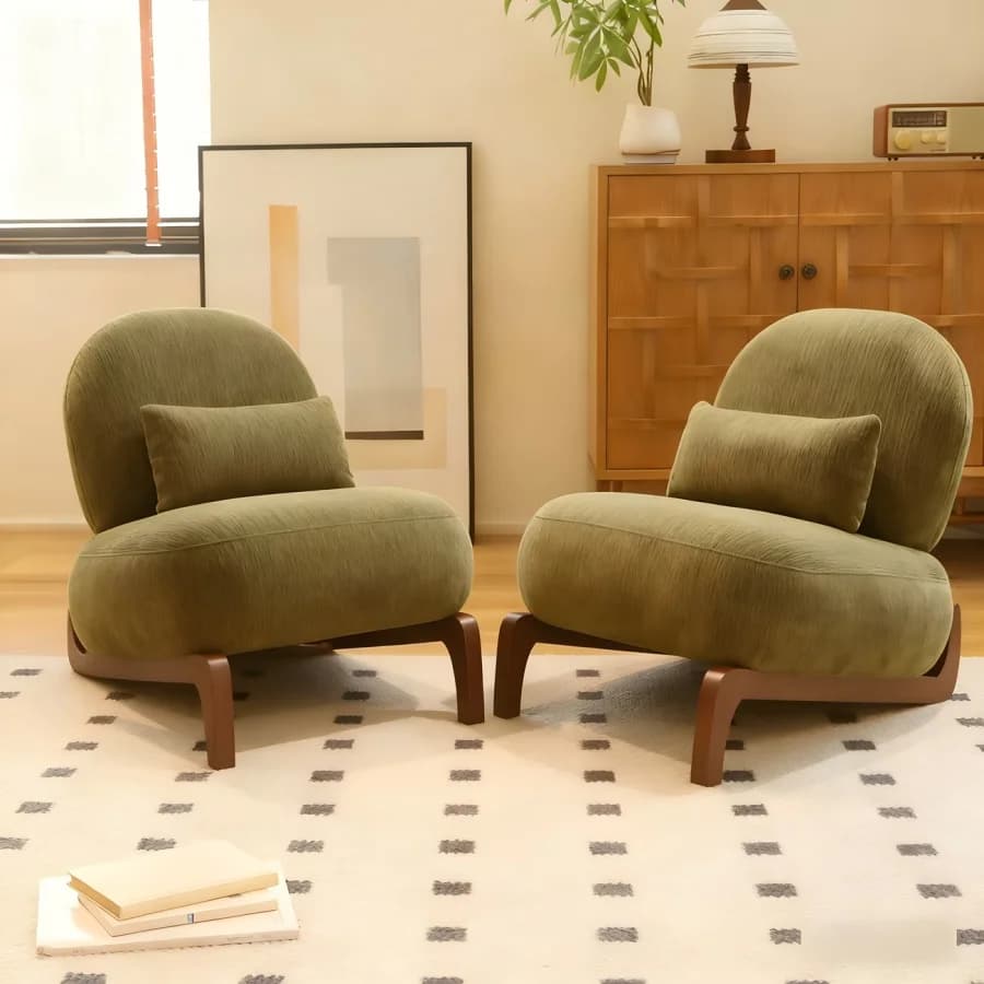 Cute Accent Chair with Solid Wood Legs, Velvet Living Room Chair with Soft Cushion, Cozy Bedroom Chair, Comfy Armless Reading C