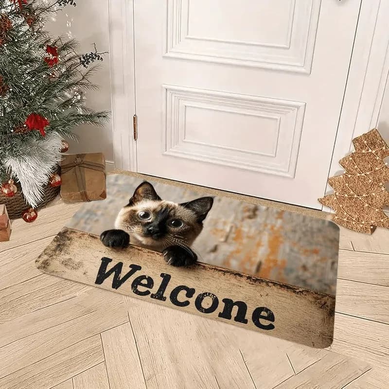 Modern Siamese Cat Welcome Mat Playful Christmas Door Decor Non-Slip Washable Beige Entrance Rug with Black Paws Design