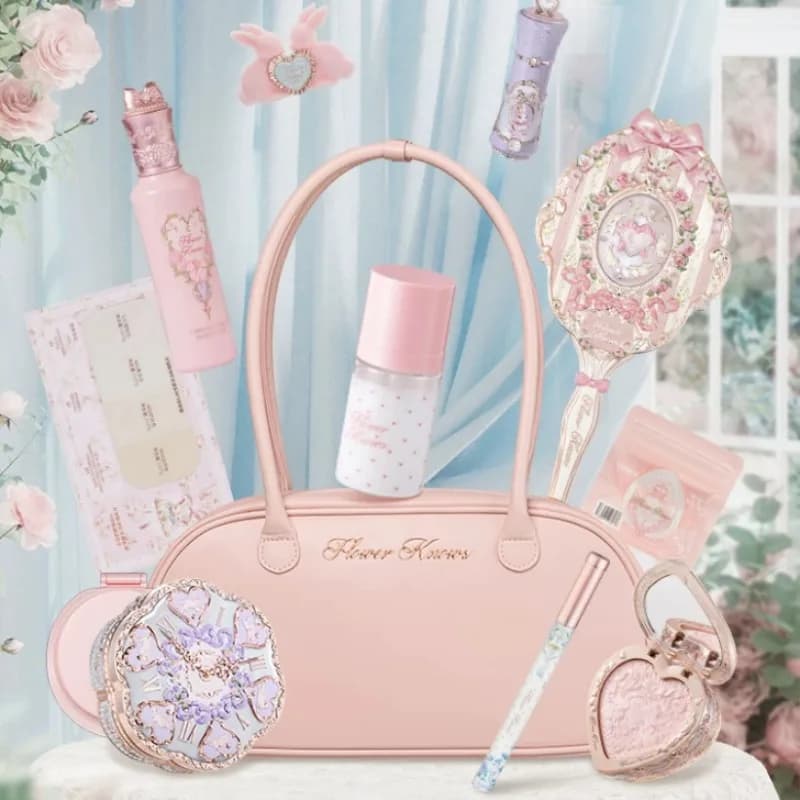 Flower Knows Makeup Gift Set Lip Cream,Blush,Cushion BB Cream,Brightening Concealer,Hydrating Essence & Cosmetic Bag All-in-One