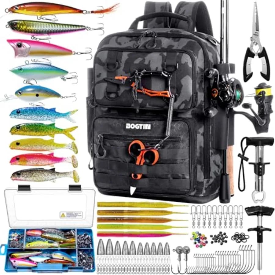 Zaino da pesca con scatole porta attrezzi e porta canne, borsa da pesca con kit di esche, borsa a tracolla impermeabile per attrezzi da pesca.