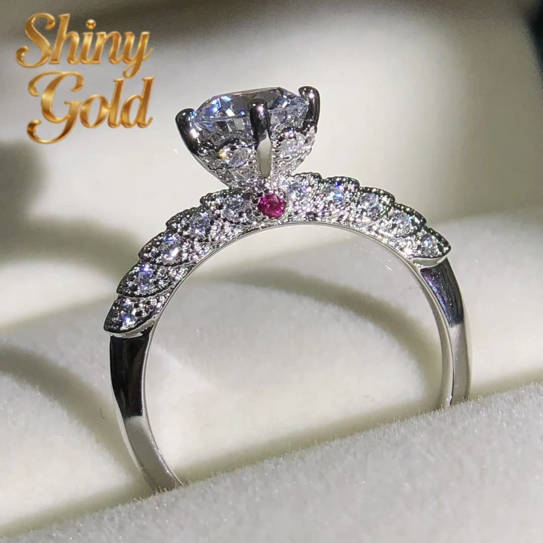 Anello di fidanzamento con diamante Moissanite ShinyGold da 1 carato, taglio rotondo, 6,5 mm, D VVS1, in oro bianco massiccio 18 carati, gioielli da donna AU750, anello nuziale.