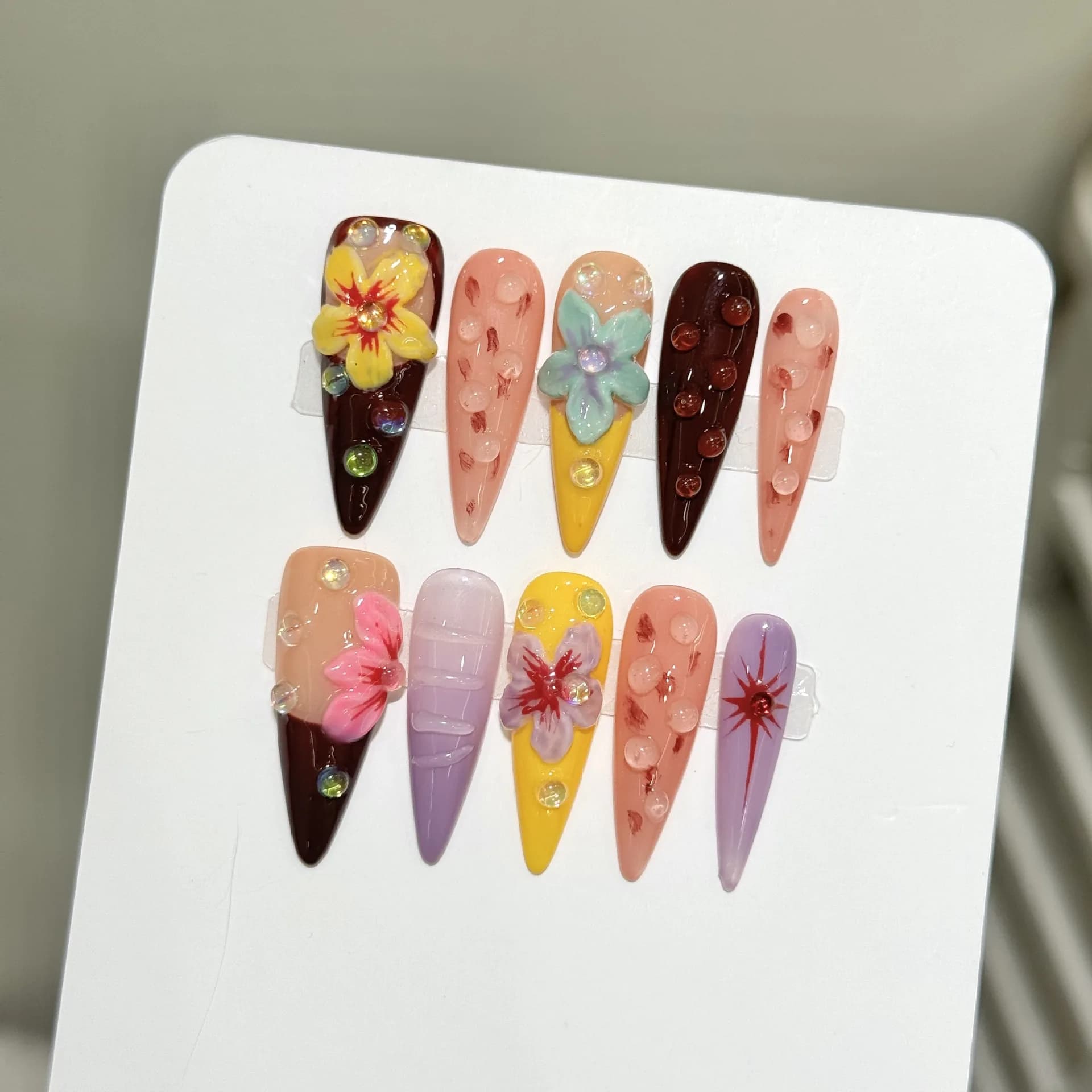 10 pieces handmade summer print on nails sweet flower carved 3d nails fake wearable full cover ins tips for long fake nails almond