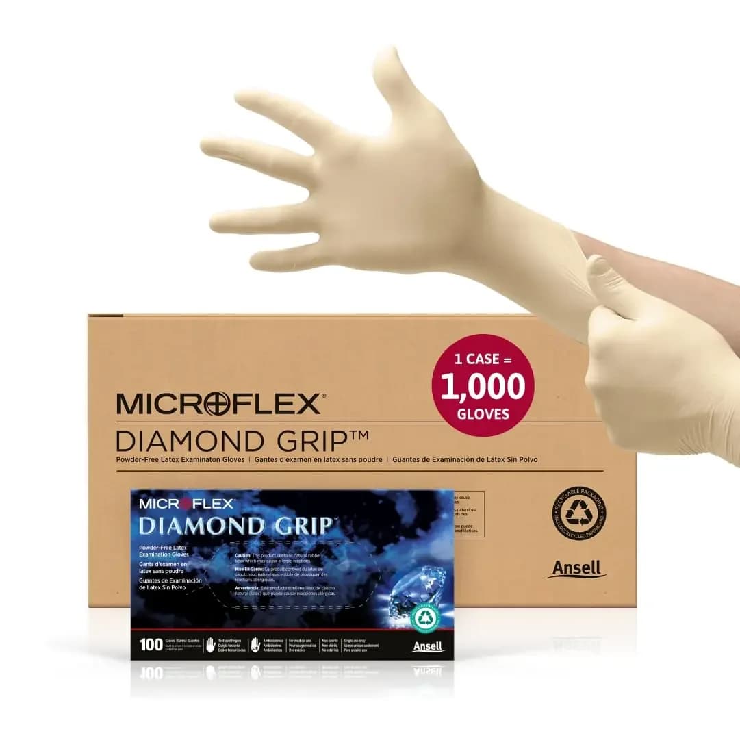 Guanti in Lattice Monouso MICROFLEX Diamond Grip MF-300 per Settore Automobilistico, Sanitario, Macchinari - Medici, Naturali (Confezione da 1)