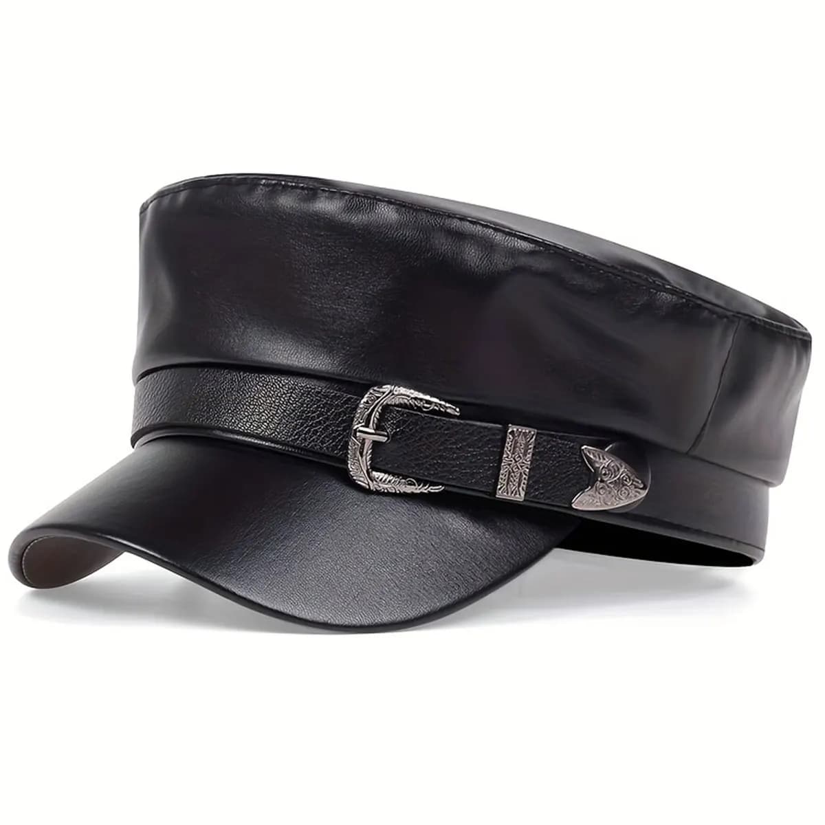Unisex Metal Belt Buckle Pu Leather Flat Caps Leisure Hat Fashion Sun Protection Outdoor Hat