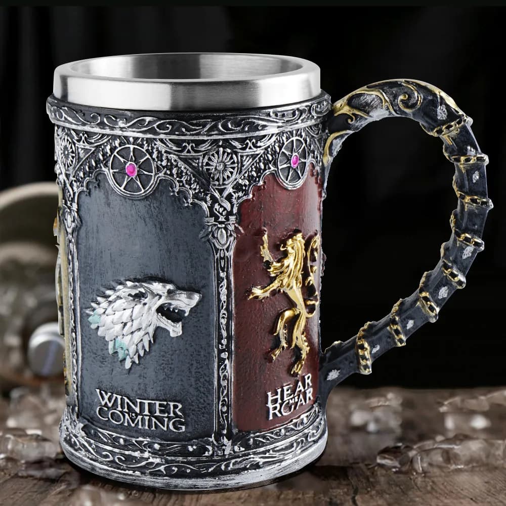 Tazze da birra con teschio di drago medievale Tazze da troni in resina in acciaio inossidabile Canzone di ghiaccio e fuoco Boccale da birra vichingo Tazza da bar Tazze da vino Regalo