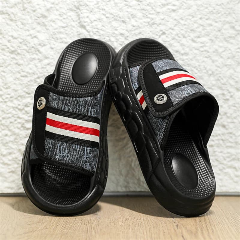 Men's Vintage Letter Print Striped Slippers Adjustable Velcro Thick-Soled Platform EVA Slippers Casual Street Beach Slides