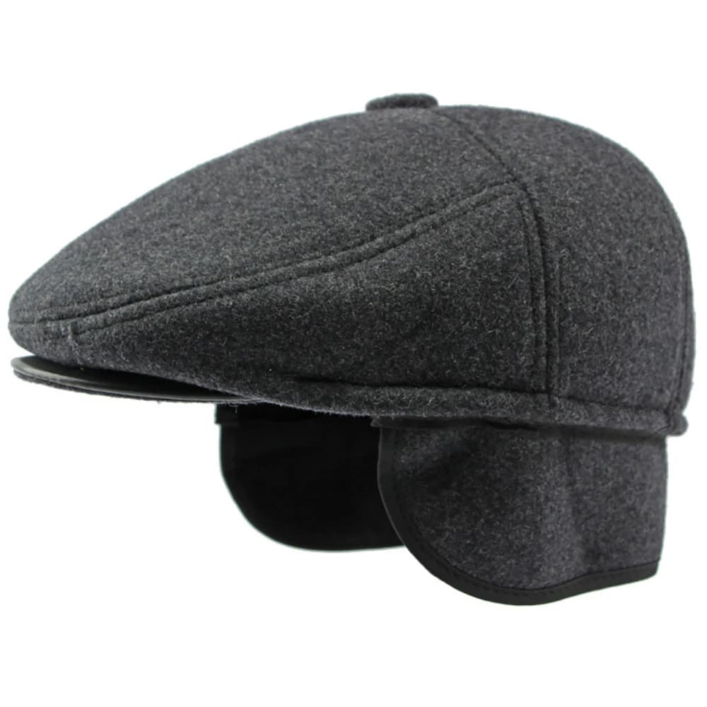 HT4287 Berretti invernali spessi e caldi per uomo Berretto piatto nero grigio solido Maschio 5 pannelli Cappello berretto di lana con paraorecchie Berretti berretto