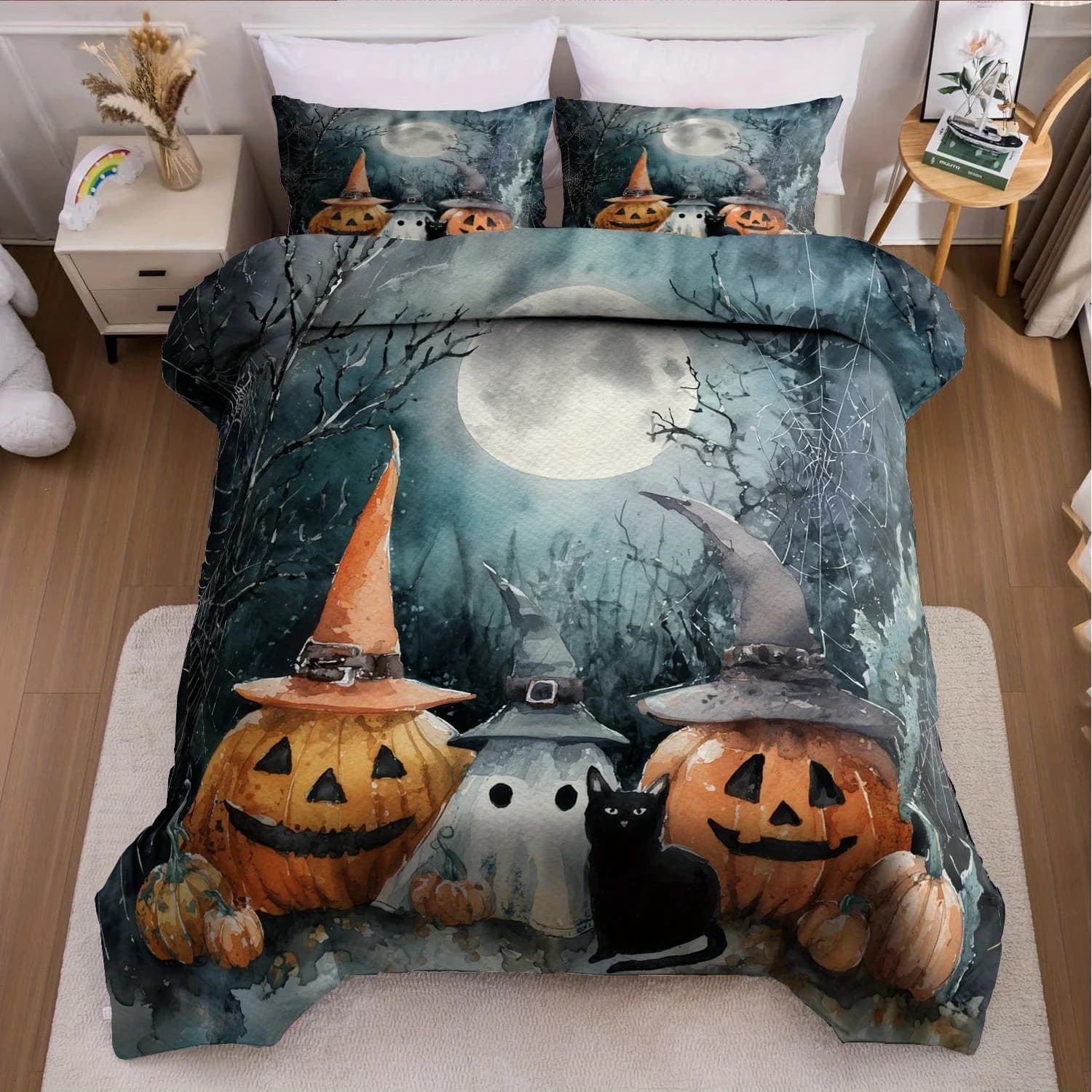 Set copripiumino Halloween 3 pezzi senza inserto, copripiumino in morbido poliestere con 2 federe, cappello da strega verde blu e zucca