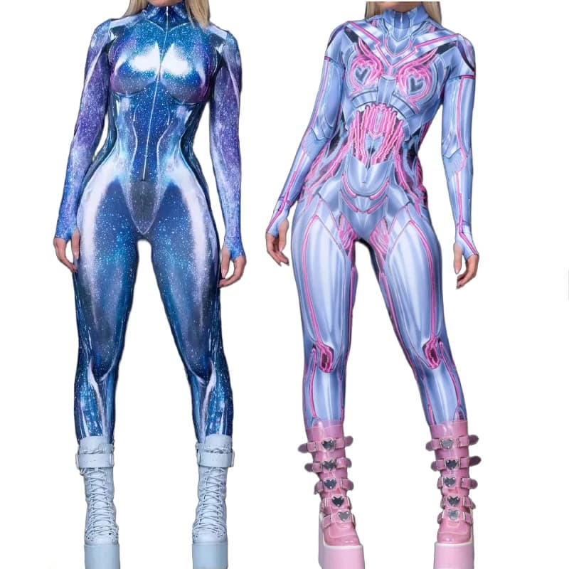 Halloween Women 3D Printed Steampunk Bodysuit Cosplay Costume Galaxy Mecha Pattern Full Body Jumpsuit for Rave Party