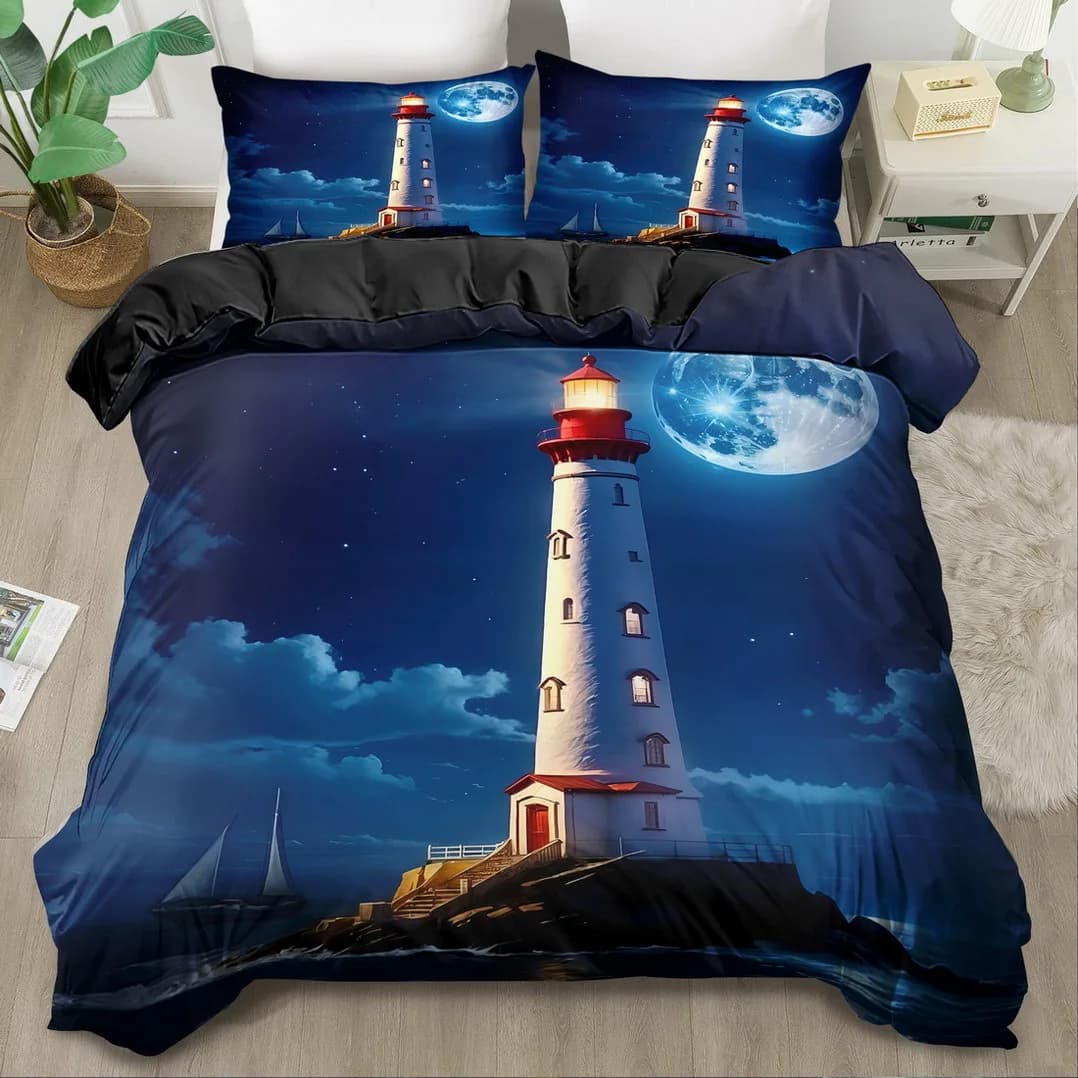 Set biancheria da letto faro Set copripiumino blu Copripiumino nautico Arredamento camera da letto Camera degli ospiti 2/3 pezzi Stampa grafica oceano 2D