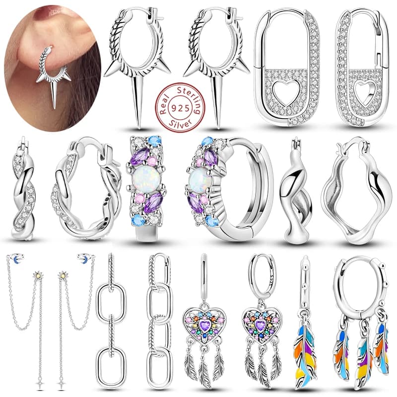 Original Hoop Earrings 925 Sterling Silver Sun Moon Tassel Dreamcatcher Feather Earrings Zircon for Women Girls Jewelry Gifts