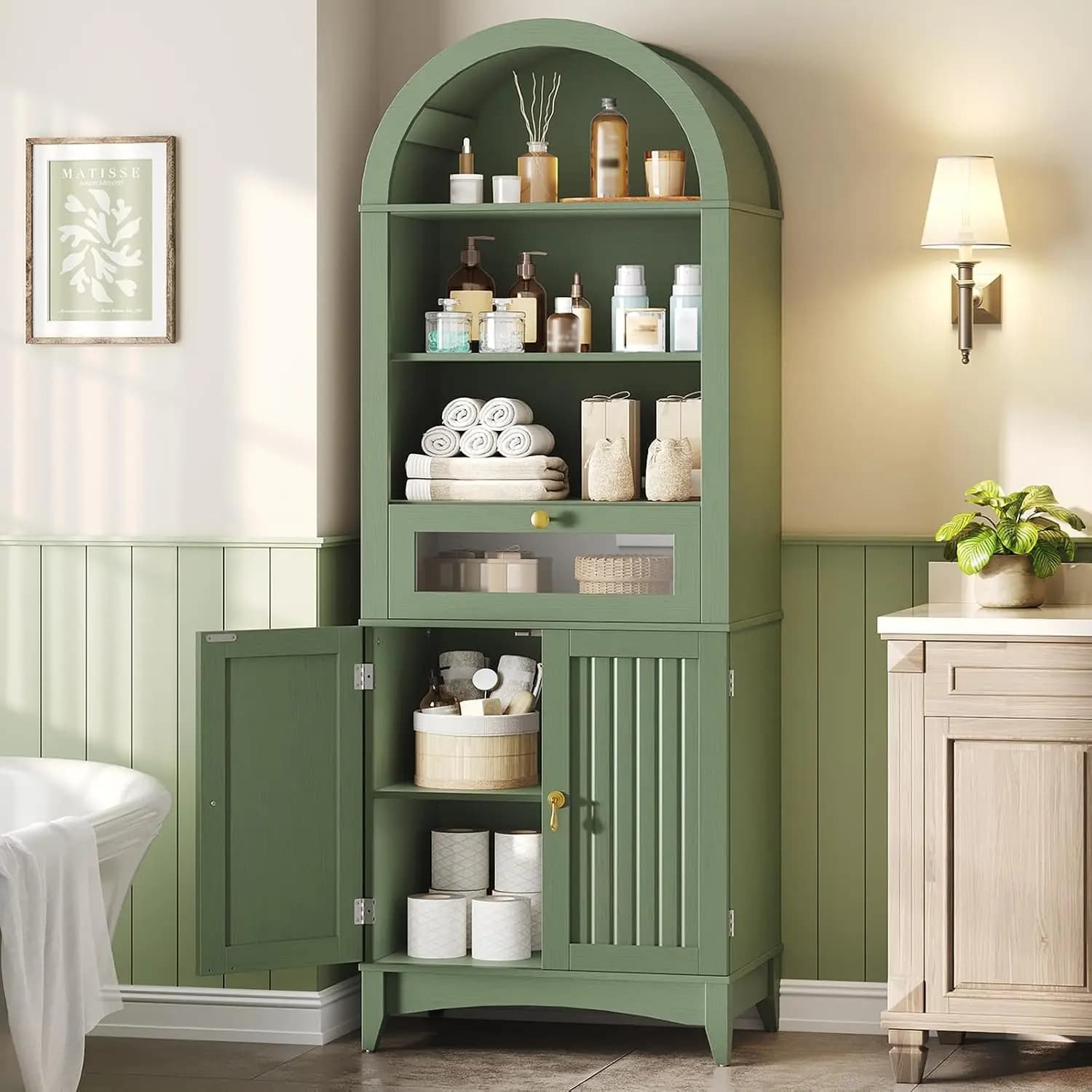 Indoor Wooden Bathroom Storage Cabinet With Flip Drawer, Tall Freestanding Organizer Tower With Arched Doors And Adjustable Shelves, Modern Space Saving Display Rack For Living Room, Green