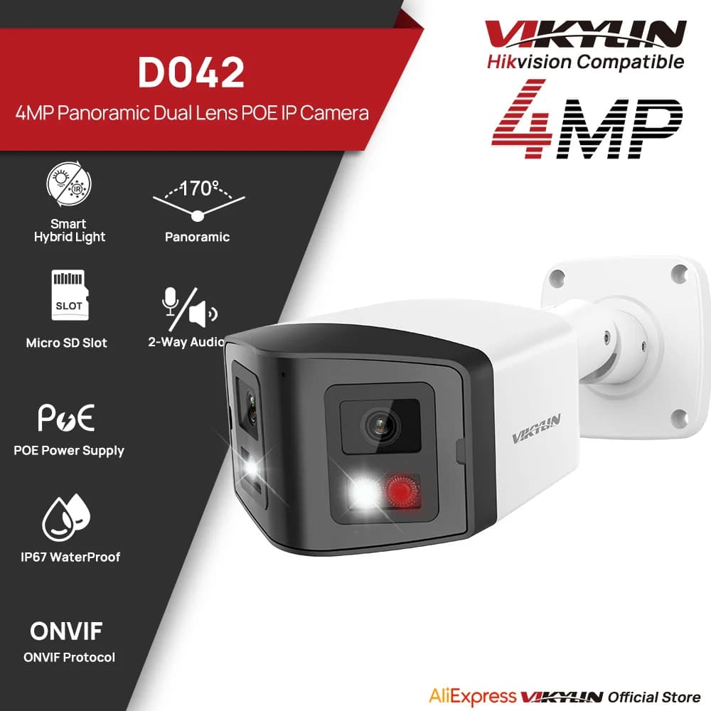 VIKYLIN 170 ° Telecamera IP di Sicurezza Panoramica Intelligente a Doppia Luce 4MP, Telecamera IP a Doppia Lente per Videosorveglianza Esterna con POE Onvif IP67