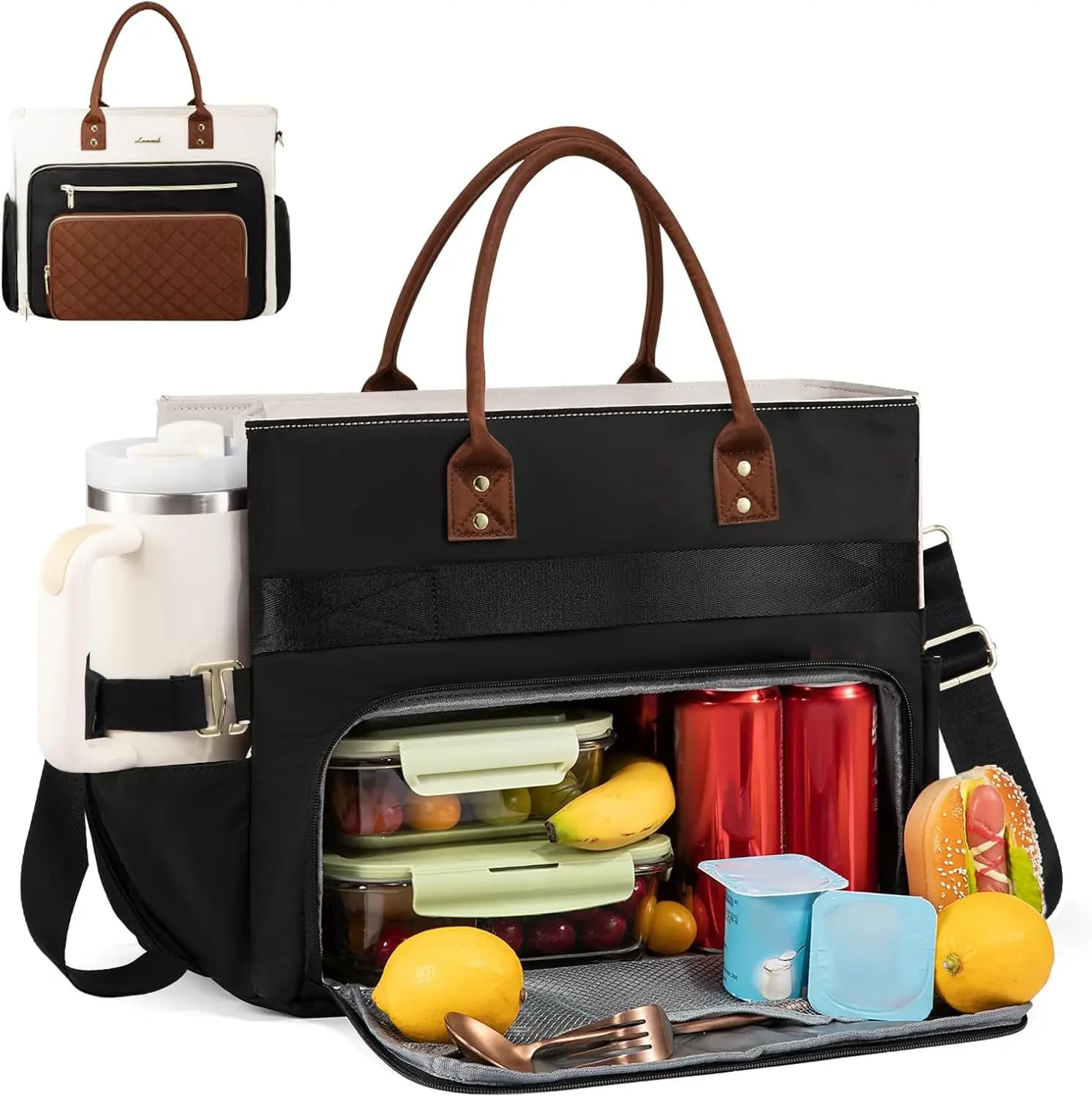 Borsa Termica Grande con Scomparto per Laptop e Portabicchieri per Donne, Ufficio, Scuola, Picnic in Nero-Beige-Marrone