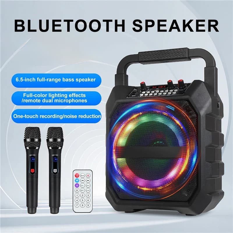 Macchina per karaoke portatile con doppi microfoni portatili wireless Altoparlante Bluetooth Sistema per karaoke domestico con luce colorata RGB