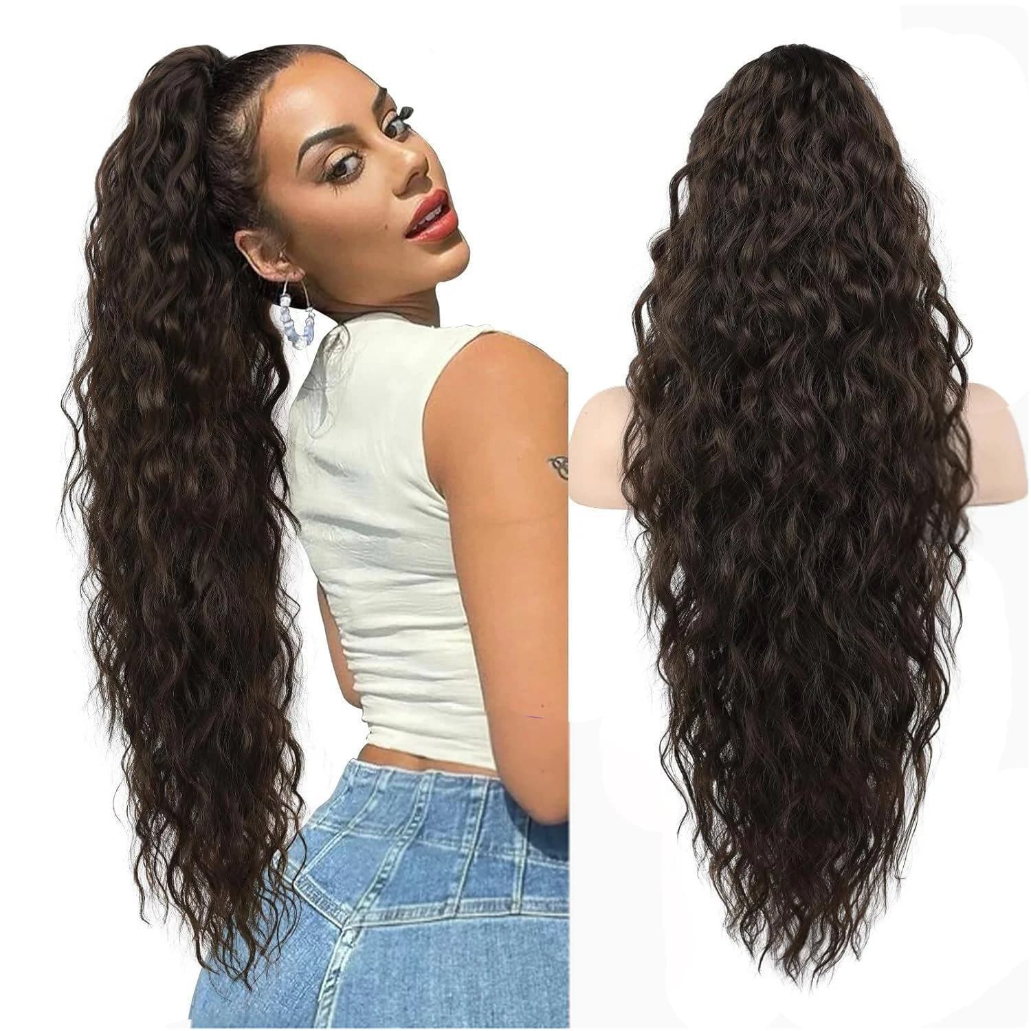 Extension Coda di Cavallo Sintetica Lunga Ondulata Nera Marrone 30 Pollici, Coda di Cavallo Riccia con Clip, Extension Capelli Effetto Naturale Voluminoso