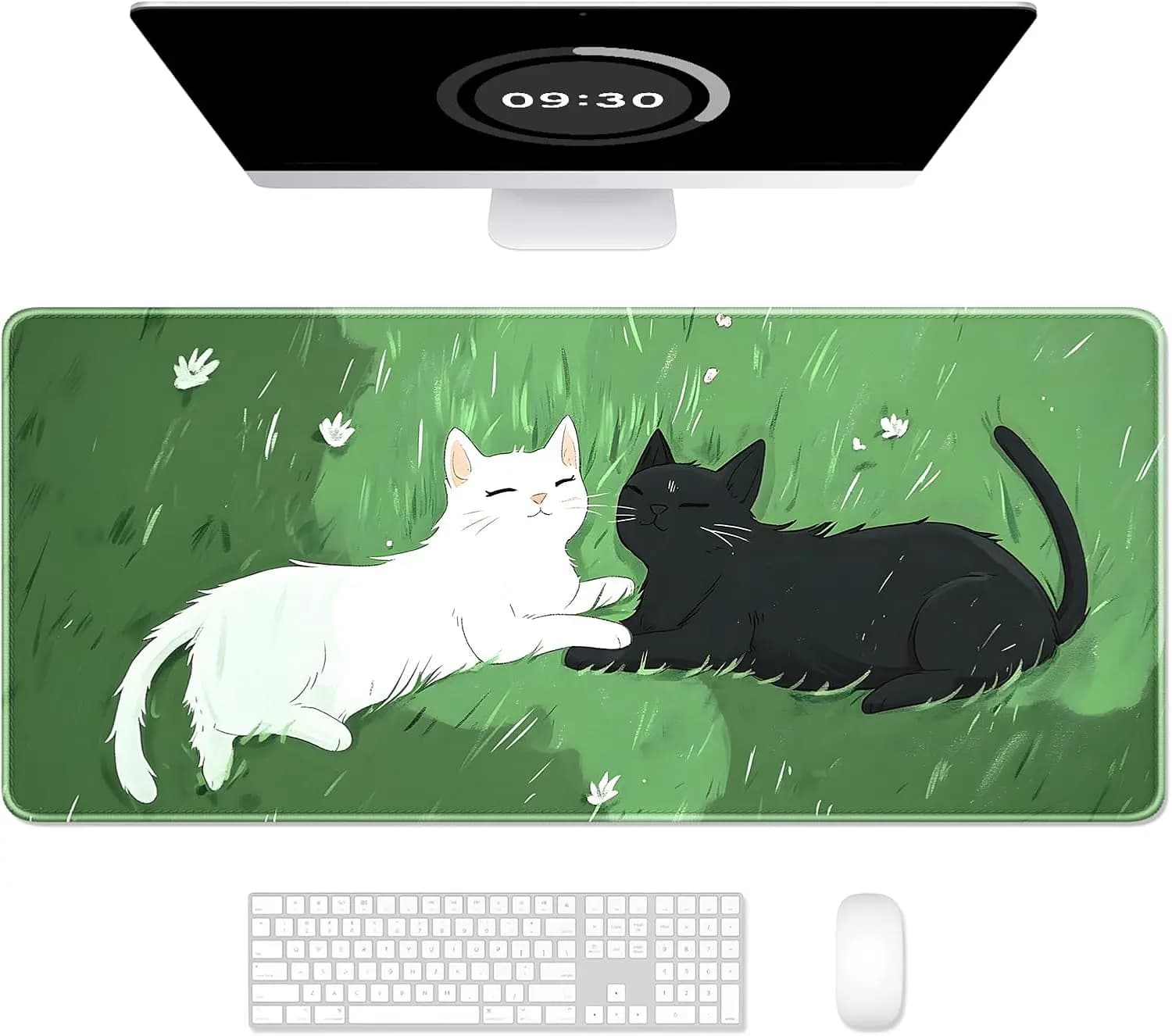 Tappetino per mouse da gioco Cute Cat XXL: verde, cucito e antiscivolo per mouse desktop, laptop e wireless