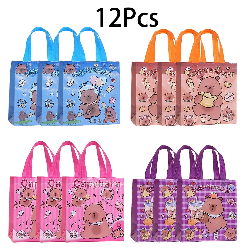 12 pezzi cartone animato animale capibara tema sacchetti regalo in tessuto non tessuto sacchetto di immagazzinaggio scolastico per bambini compleanno ritorno a scuola decorazioni per feste