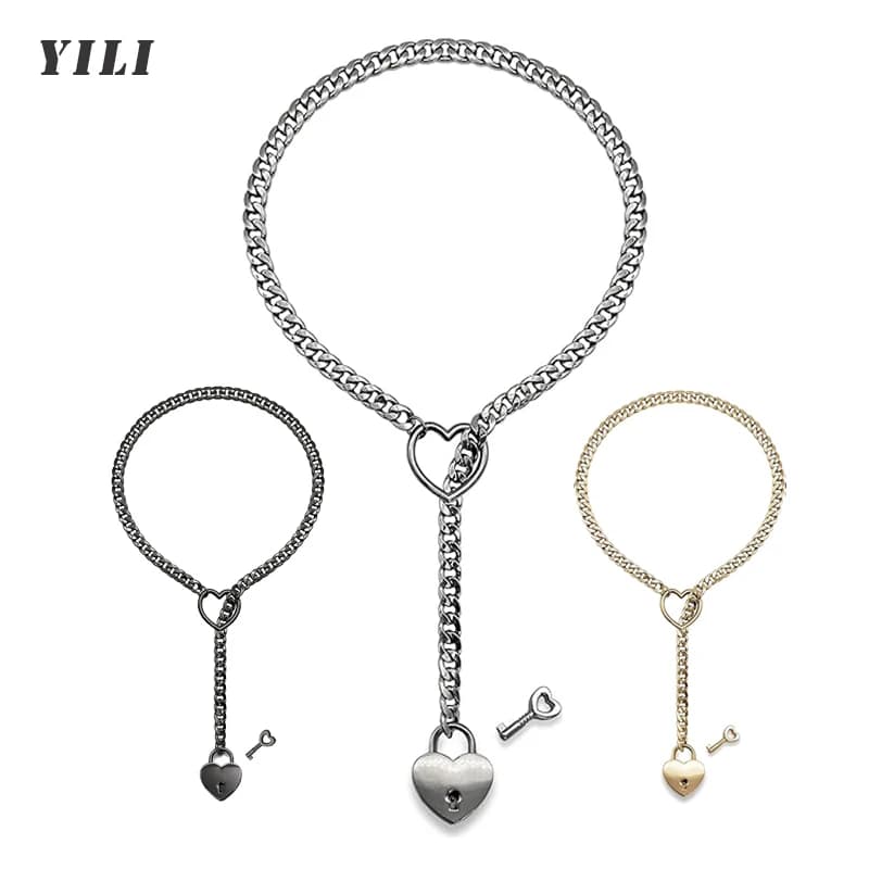 Collana Lunga Punk Rock con Catena a Slitta, Ciondolo a Cuore con Anello a O, Gioielli da Donna, Collana a Y Lariat con Ciondolo a Cuore e Chiave