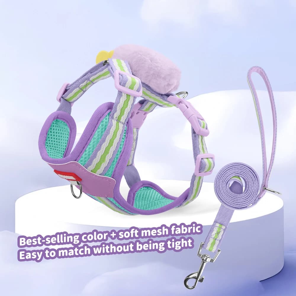 573 Lightweight Dog Leash and Harness Set with Dopamine Doll Pattern for Small Dogs, Pet Vest for outdoor walking