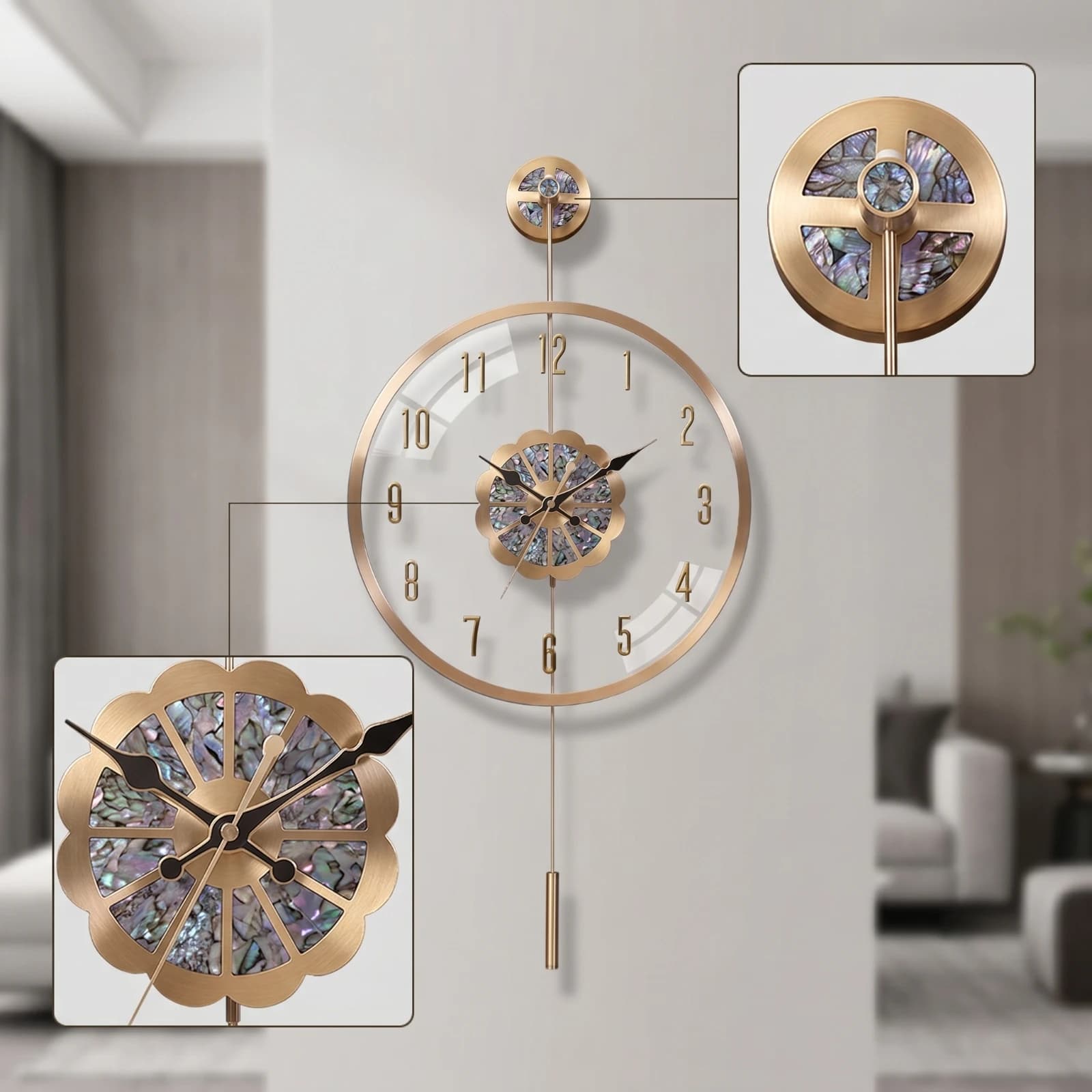 Battery Operated Wall Clock Quartz Wall Clock with Pendulum Non-Ticking Large for Decorators, Living Room, Hallway