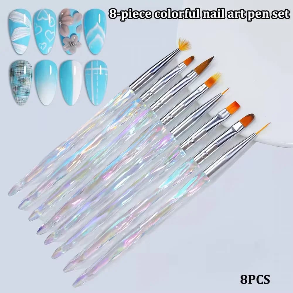 Set di 8 Pennelli Acrilici Aurora per Nail Art, Pennelli Sottili e Morbidi per Design Unghie, Sfumature e Disegno Gel Fai-da-Te