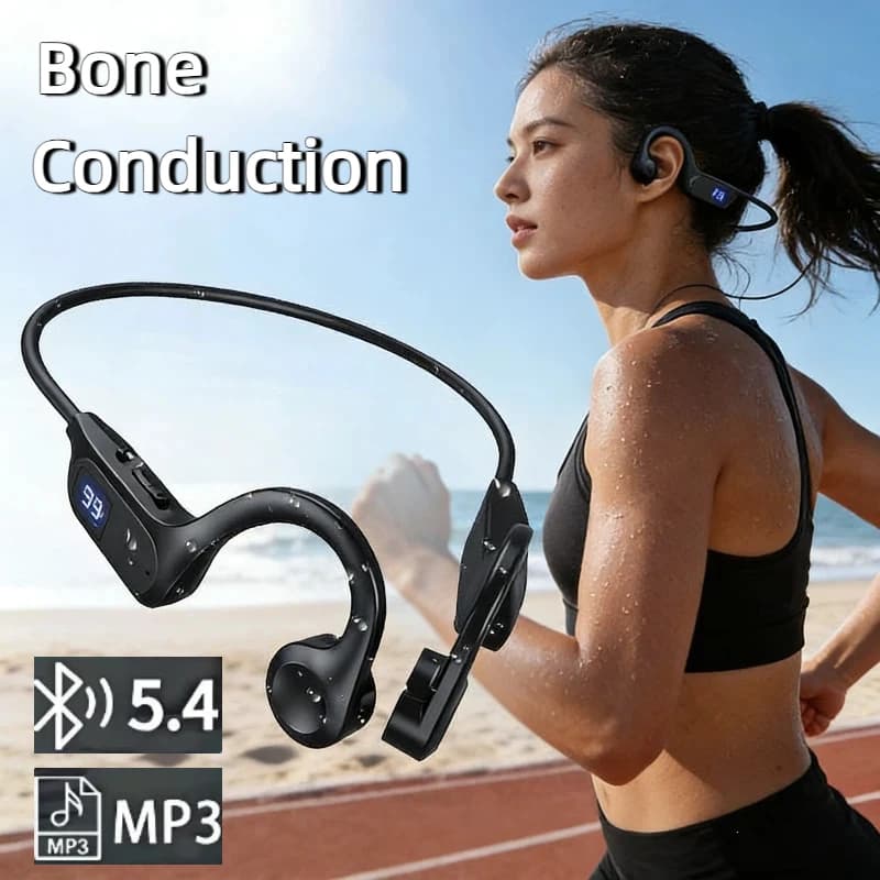 Auricolari Bluetooth a Conduzione Aerea V5.3 con Slot per Scheda di Memoria, Display Digitale, Impermeabili, con Microfono, Auricolari Sportivi a Gancio per Orecchio