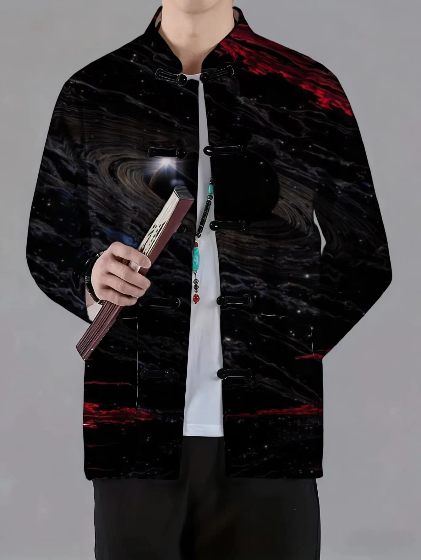 Men Mandarin Collar Frog Button Jacket Jellyfish Abstract Planet Flame Art Print Traditional Outerwear