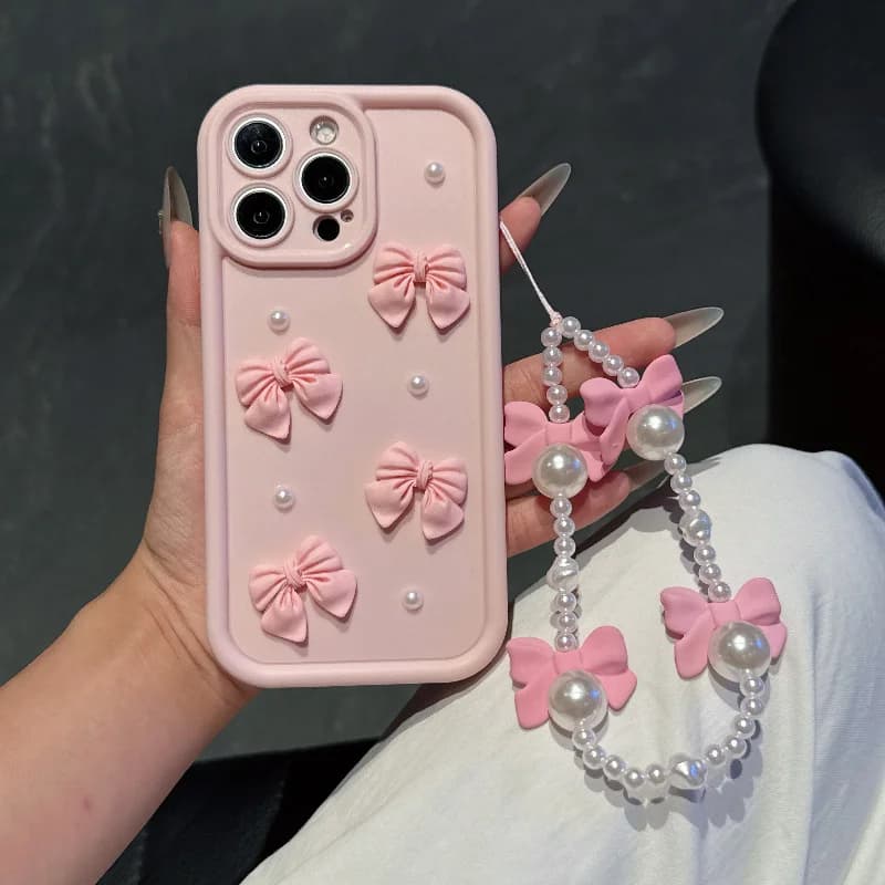 Pink Phone Case With Bowknot Pearl Lanyard For iPhone 17 16 15 14 13 12 11 Pro Max iPhone 16 15 14 8 Plus 17E X XR SE Soft Cover