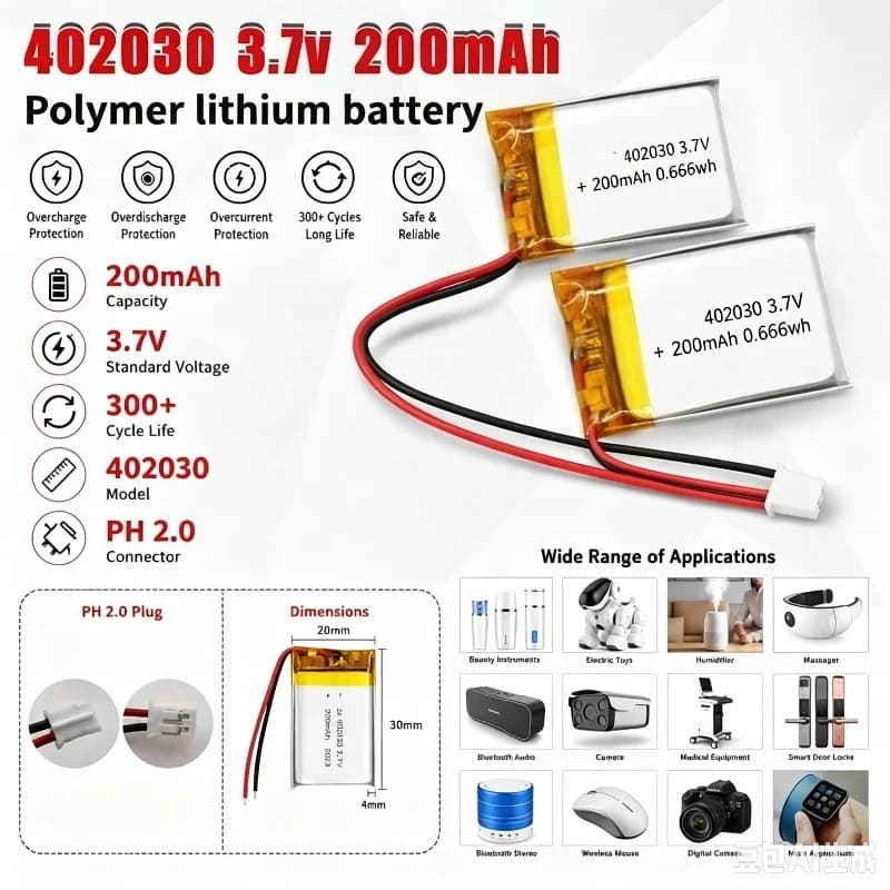 1-10PCS Lipo 402030 200mAh Battery 3.7V Polymer Lithium Ion Batteries Li-po for Smart Band GPS Pet Training Tool Webcam Cell