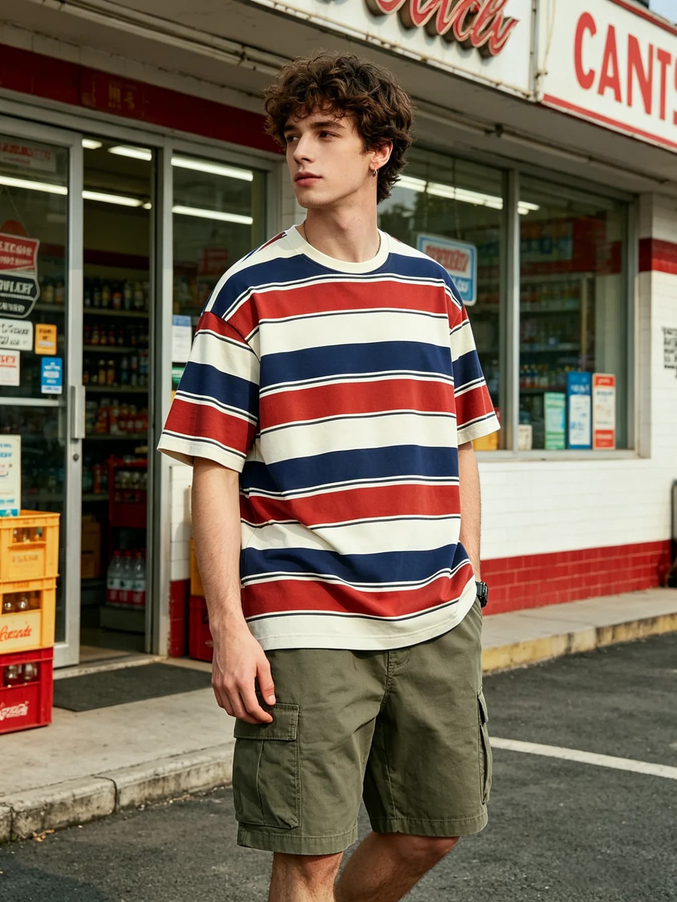Men's red, yellow, and blue striped T-shirt, short sleeved round neck casual T-shirt, classic horizontal stripe daily wear top