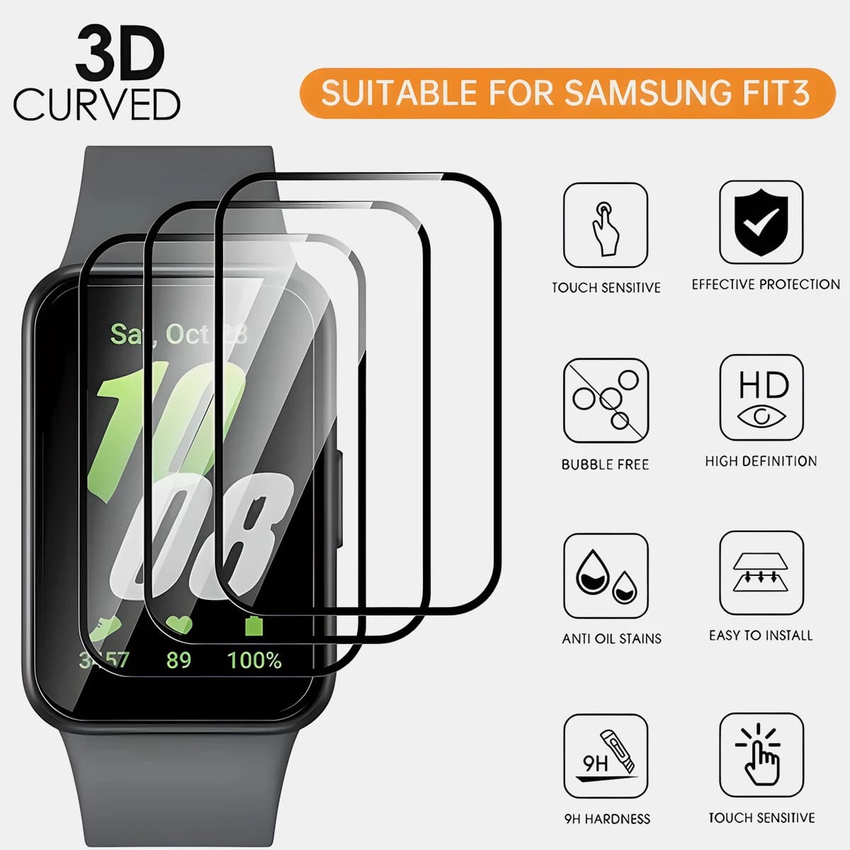 Pellicola protettiva 3D per Samsung Galaxy Fit 3 proteggi schermo antigraffio per Galaxy Fit3 Smartwatch Protector (non vetro)