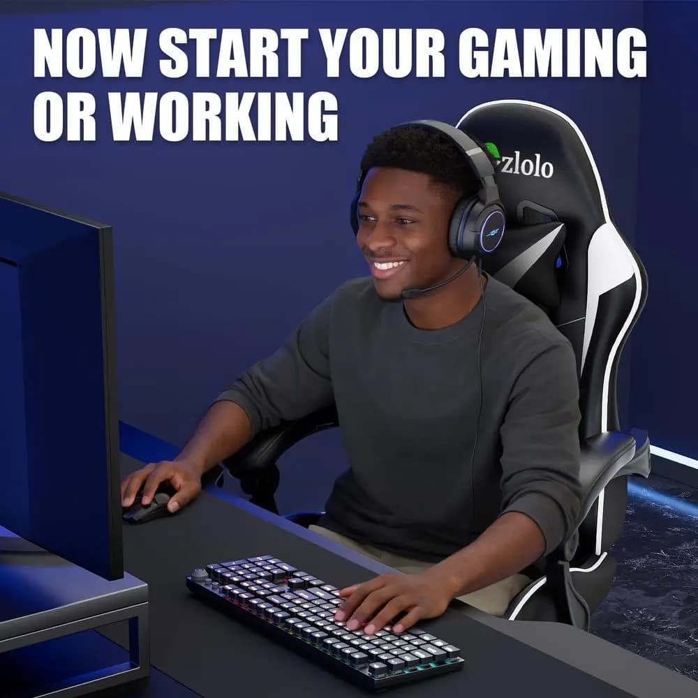 Sedia da Gaming con Poggiapiedi, Supporto Lombare e Massaggiatore, Stile Racing, Gambe in Metallo, Schienale Alto Reclinabile