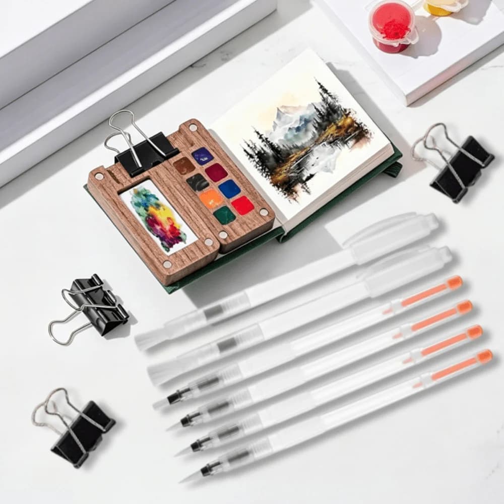 1 set Mini Watercolor Kit with Wooden Palette Portable Sketchbook, Brushes, Clip, Ideal for Travel Watercolor Painting