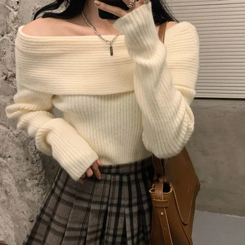 Lucyever Slash Neck maglione lavorato a maglia donna Sexy pullover a maniche lunghe con spalle scoperte femminile coreano elegante addensare maglioni Slim Top