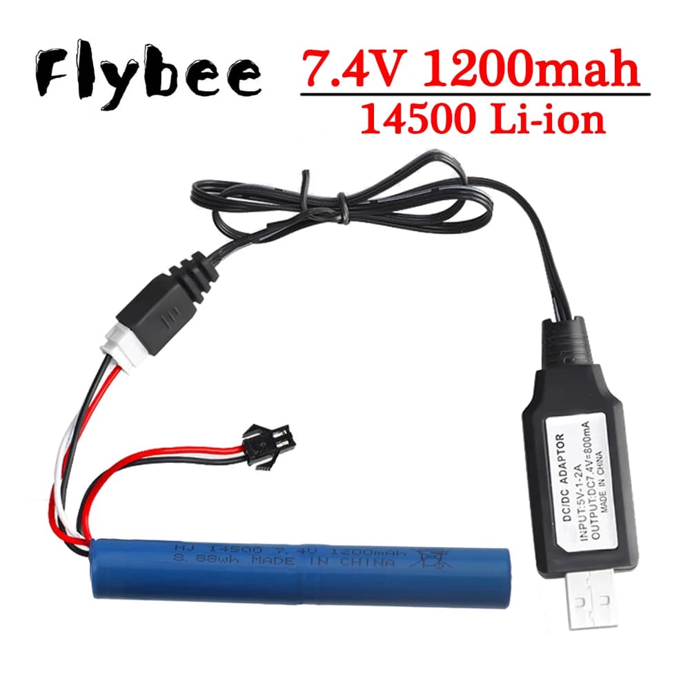 7.4V cylindrical Battery and 7.4V USB Charger For Electric Toys water bullet gun Parts 7.4V 1200mAh 14500 Li-ion Batteries