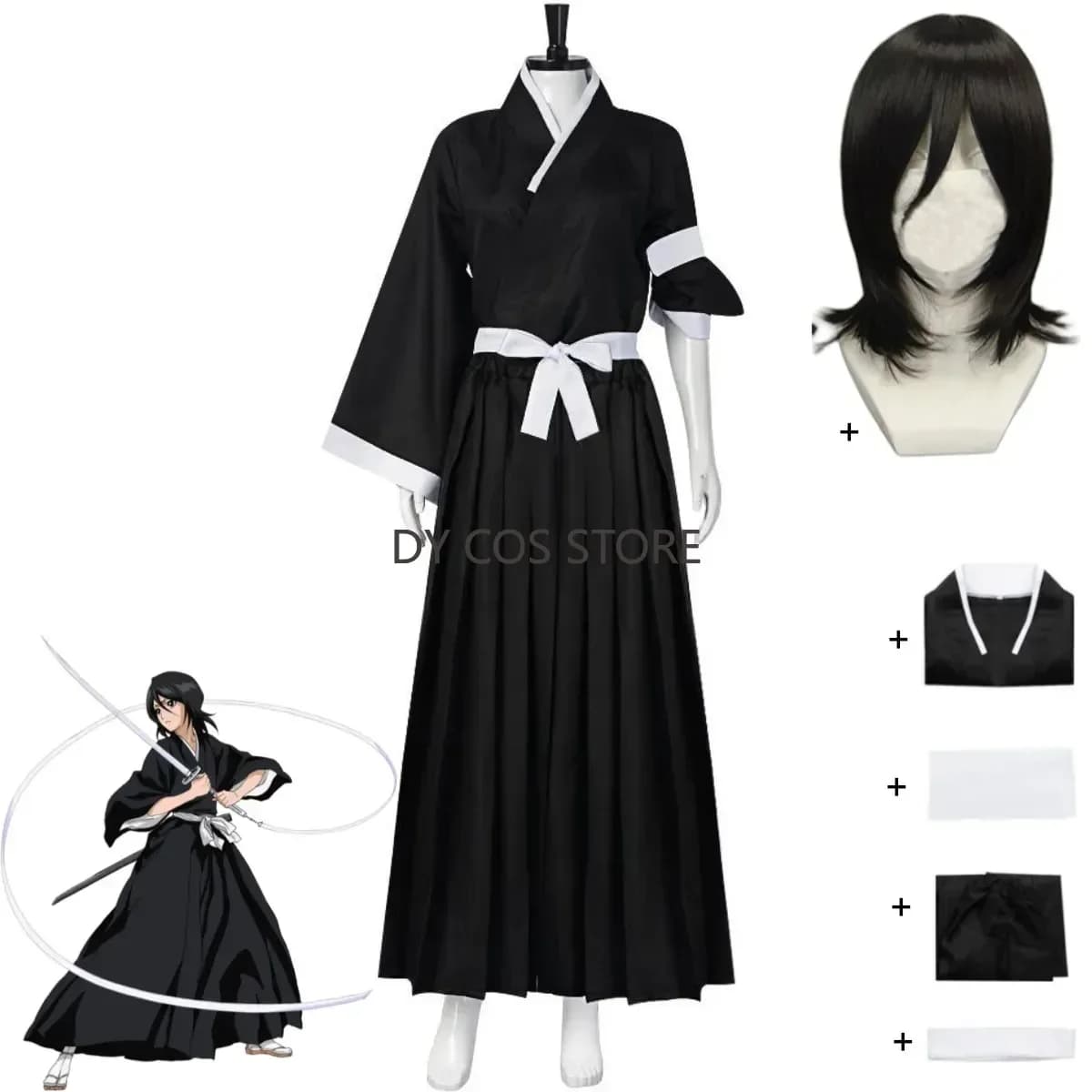 Anime BLEACH Kuchiki Rukia Cosplay Costume Kimono Black Japanese Uniform Wig Upper Man Adult Woman Halloween Christmas Dress
