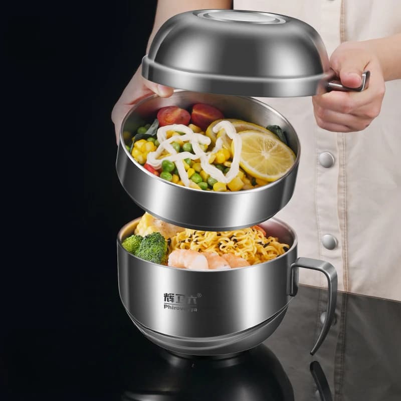 Ciotola per Noodle Istantanei in Acciaio Inox 316 con Coperchio e Manico, per Casa e Dormitorio Studenti, Contenitore per Pranzo