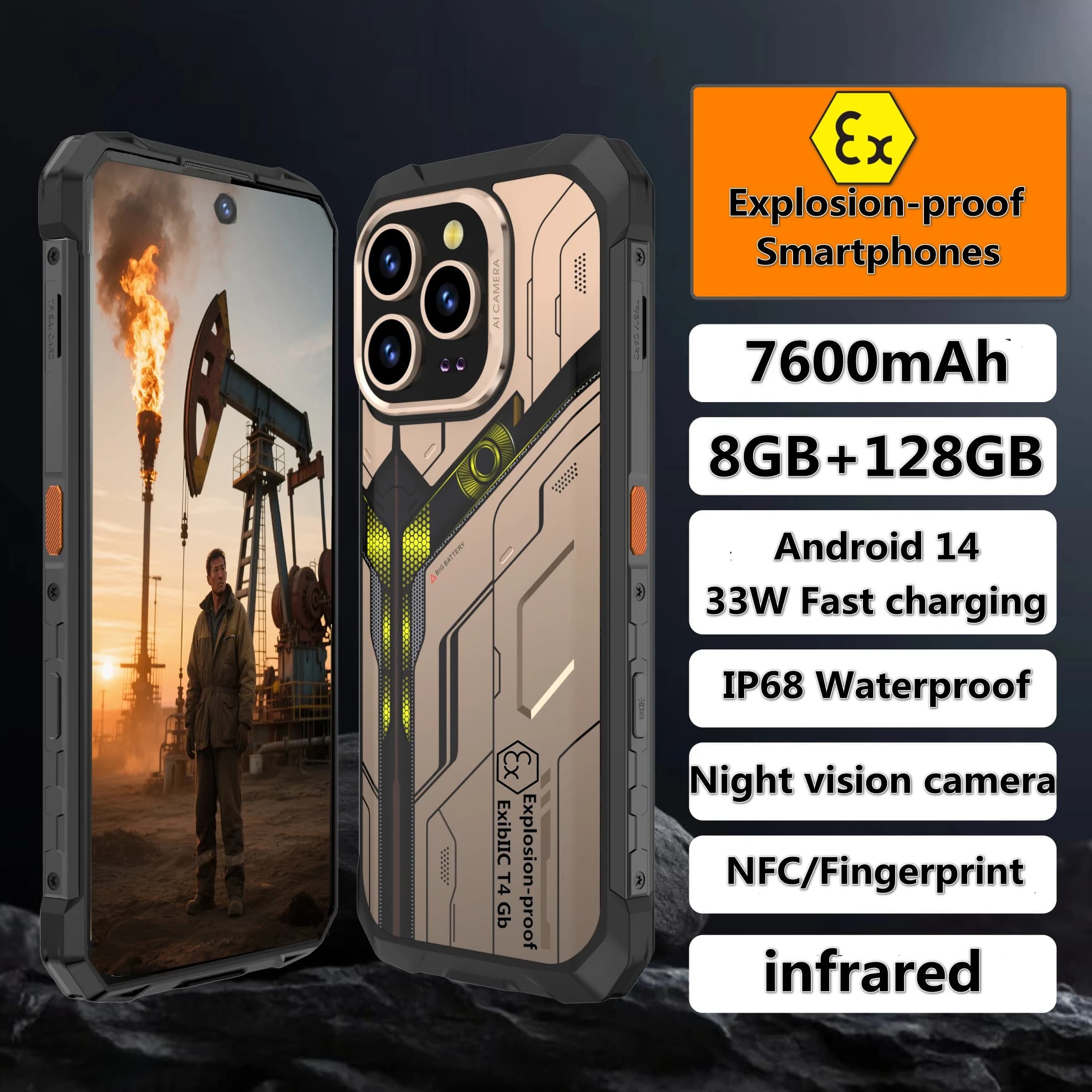 Walkie-talkie Zello PTT impermeabile IP68 antideflagrante 68MP 8GB + 128GB NFC Visione notturna a infrarossi Android 14