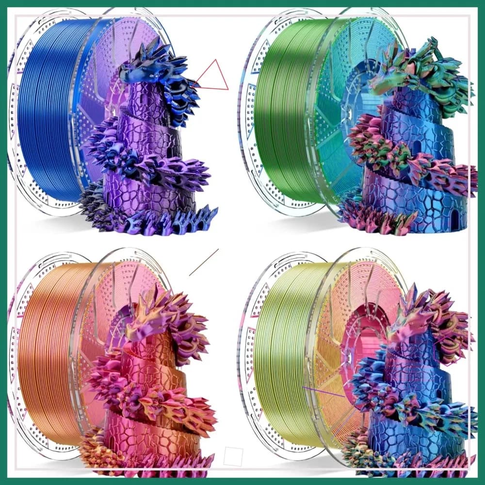 Filamento per Stampante 3D in PLA Tricolore Effetto Seta 1.75mm, Bobina Riutilizzabile, Confezione da 4 Pezzi 4KG, Rosso Giallo Blu