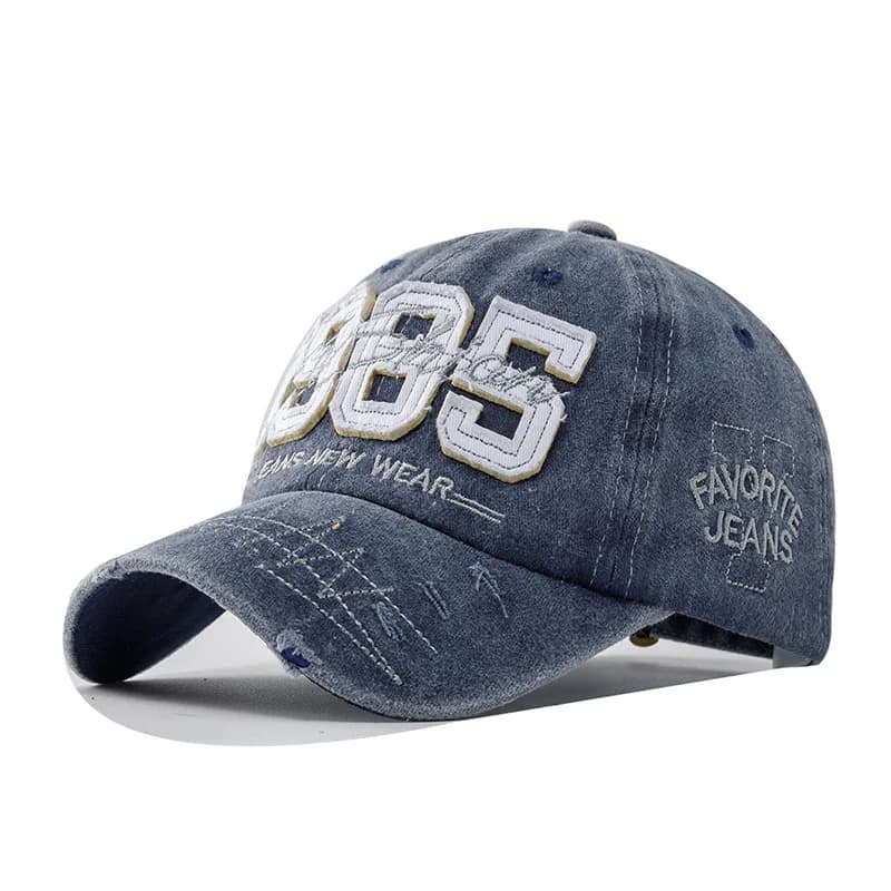 1985 Embroidered Ripped Baseball Cap Adjustable Dad Hat with aged washed effect patch Sports hat with vintage light solar protection