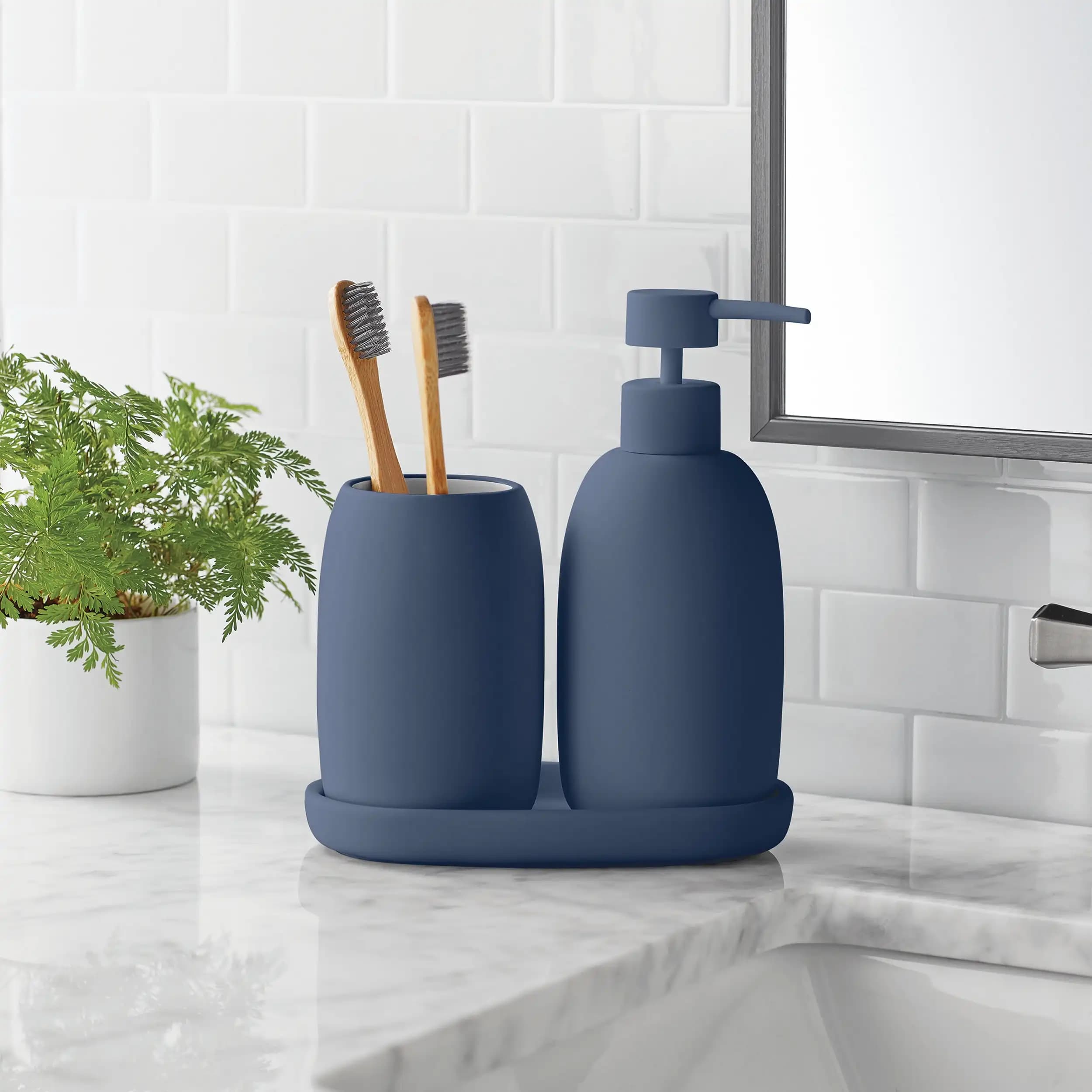 Set di 3 Accessori da Bagno in Ceramica Stoneware, Blu – Dispenser Sapone, Bicchiere e Vassoio Portaoggetti