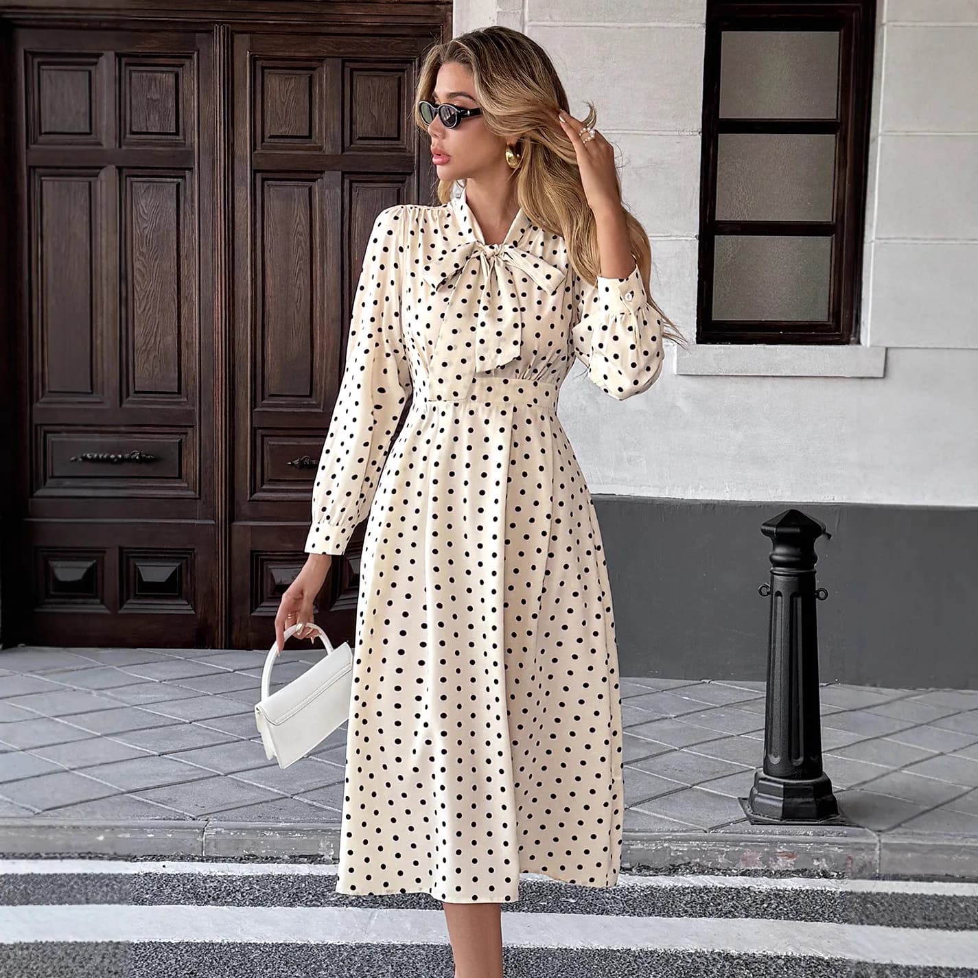 Elegant Autumn Maxi Dress New Retro Polka Dot Print Bow Tie Waist A-Line Bodycon Vestidos Fashion Casual Commuting Dresses