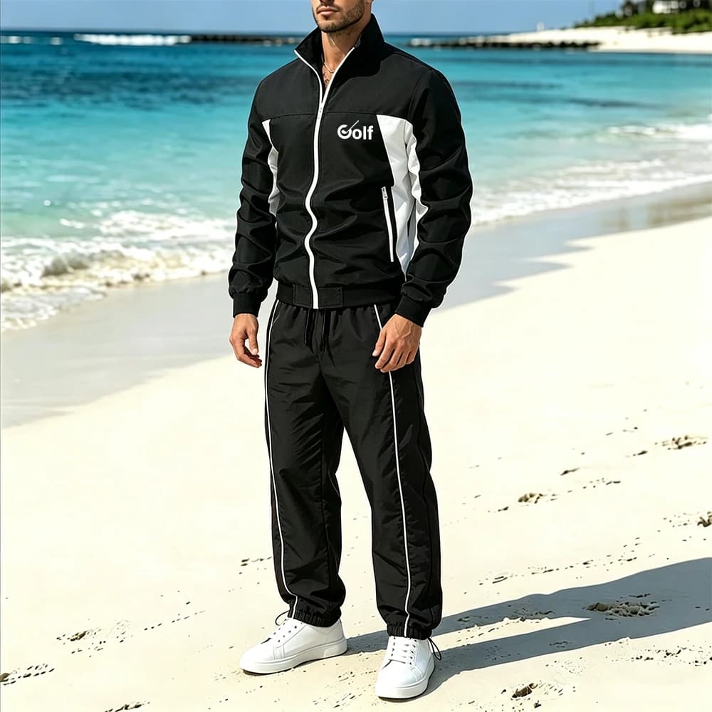 Men's Stand Collar Zip Striped Line Jacket & Elastic Waist Side Striped Pants Casual Running Clever Golf Print Sportswear Set