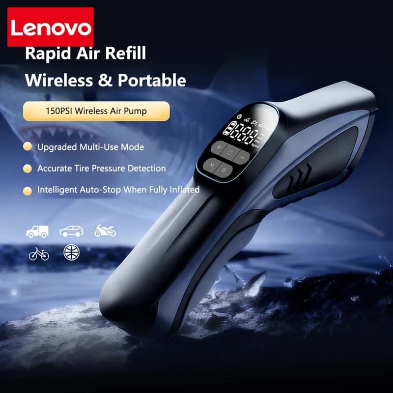 Pompa d'Aria Elettrica Portatile Lenovo per Auto, Compressore d'Aria Wireless Ricaricabile per Gonfiaggio Pneumatici, Adatto per Auto, Moto e Biciclette